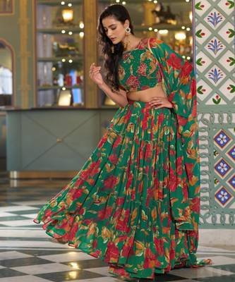 green crepe printed traditional lehenga choli 2