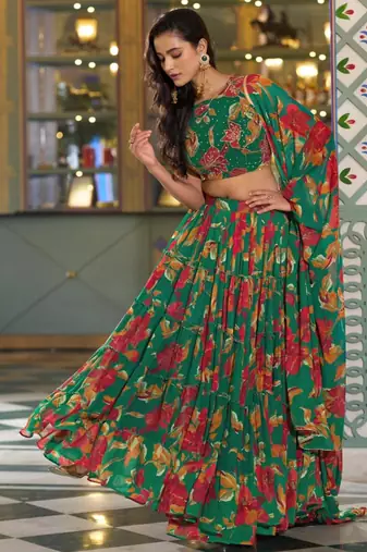 green crepe printed traditional lehenga choli