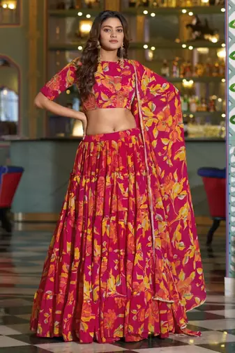 pink crepe printed traditional lehenga choli