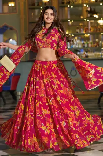 pink crepe printed traditional lehenga choli