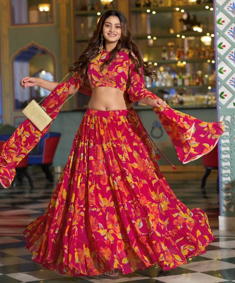 pink crepe printed traditional lehenga choli