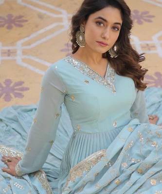 Sky georgette readymade anarkali suit with embroidery work 2