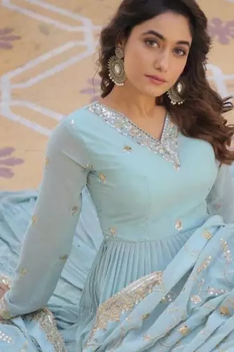 Sky georgette readymade anarkali suit with embroidery work