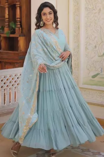 Sky georgette readymade anarkali suit with embroidery work
