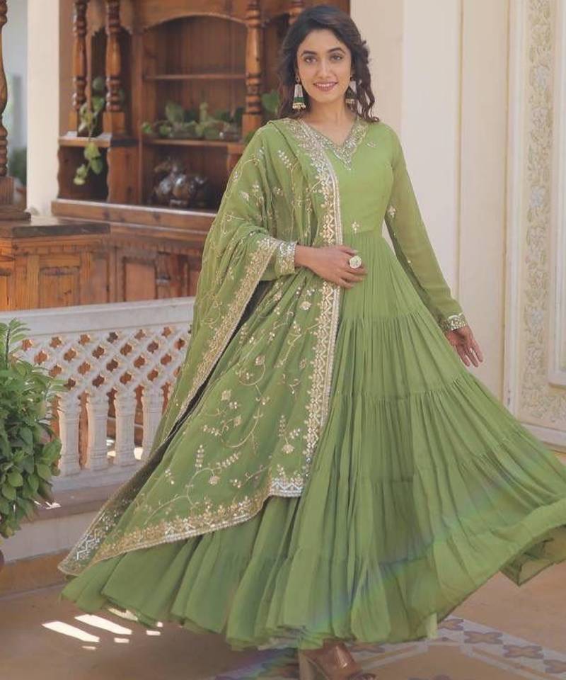 Pista georgette readymade anarkali suit with embroidery work