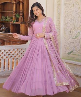 Lavender georgette readymade anarkali suit with embroidery work 1