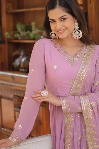 Lavender georgette readymade anarkali suit with embroidery work