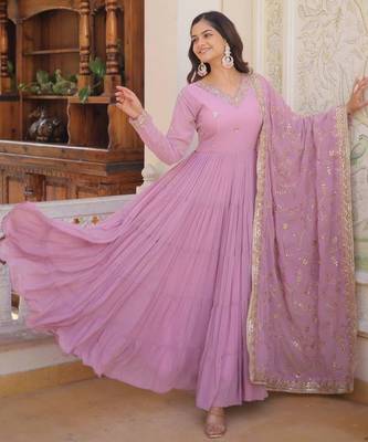 Lavender georgette readymade anarkali suit with embroidery work 3