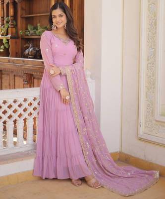 Lavender georgette readymade anarkali suit with embroidery work 4