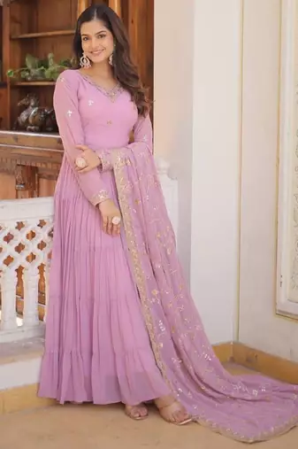 Lavender georgette readymade anarkali suit with embroidery work