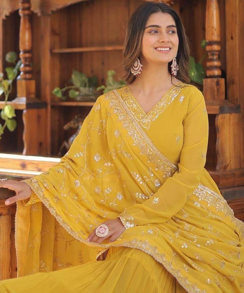 Yellow georgette readymade anarkali suit with embroidery work