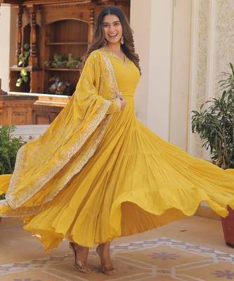 Yellow georgette readymade anarkali suit with embroidery work 3