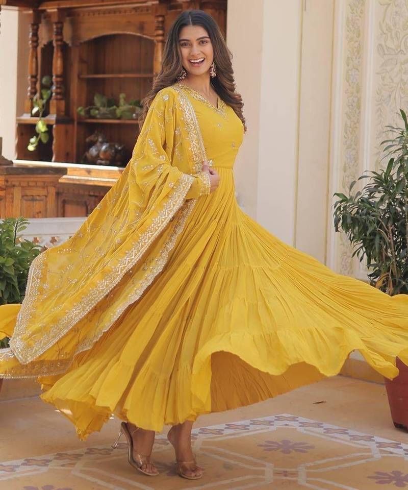 Yellow georgette readymade anarkali suit with embroidery work
