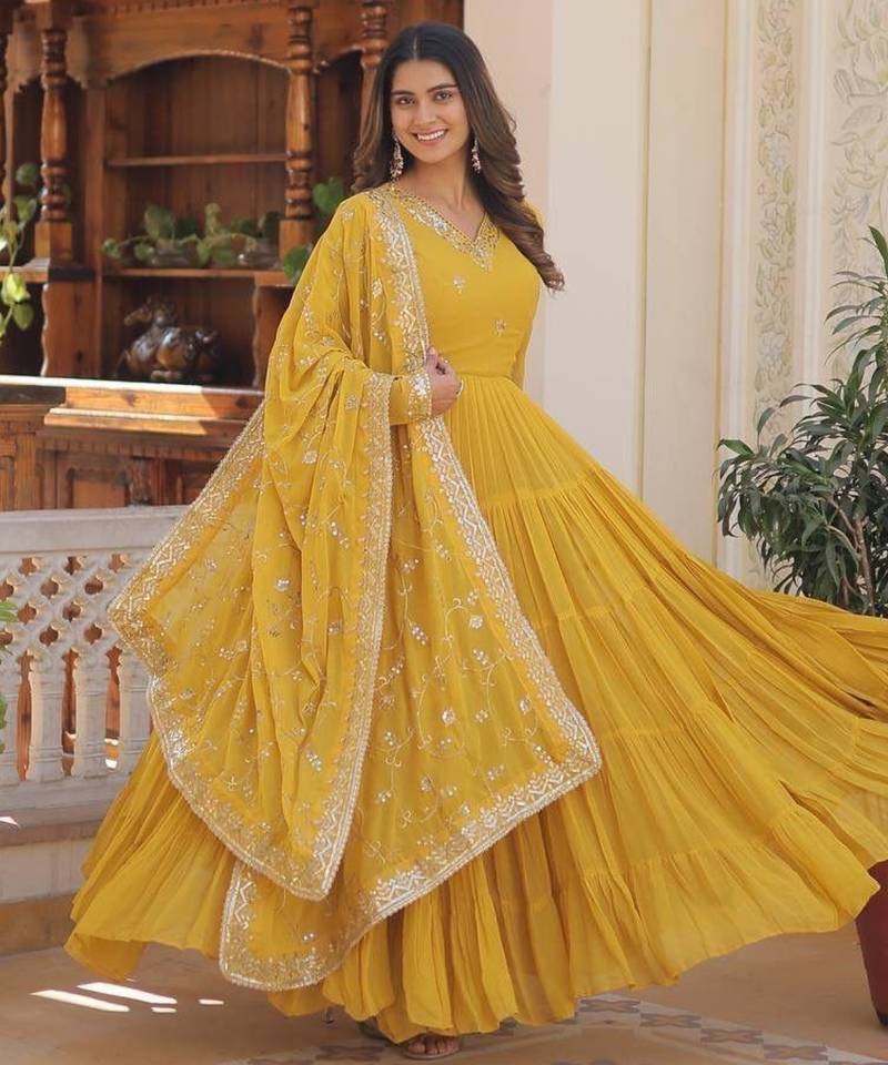 Yellow georgette readymade anarkali suit with embroidery work