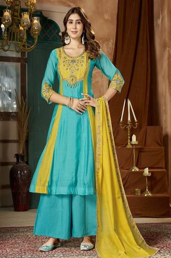 Embroidered chanderi anarkali kurta with pant & dupatta set for women