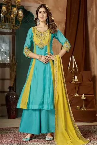 Embroidered chanderi anarkali kurta with pant & dupatta set for women