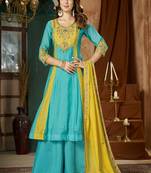 Embroidered chanderi anarkali kurta with pant & dupatta set for women