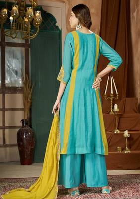 Embroidered chanderi anarkali kurta with pant & dupatta set for women 2