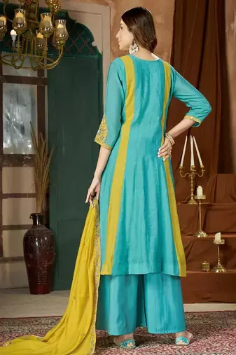 Embroidered chanderi anarkali kurta with pant & dupatta set for women