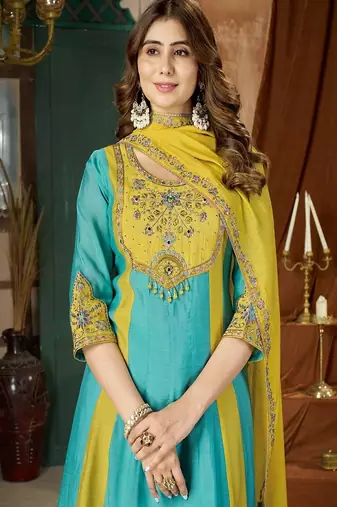 Embroidered chanderi anarkali kurta with pant & dupatta set for women
