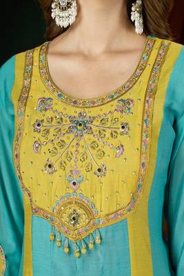 Embroidered chanderi anarkali kurta with pant & dupatta set for women 4