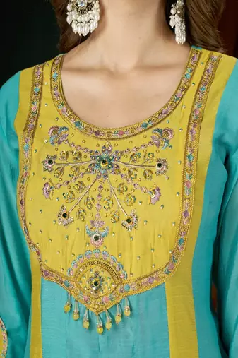 Embroidered chanderi anarkali kurta with pant & dupatta set for women