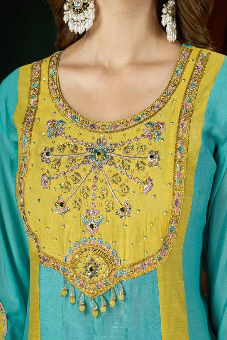 Embroidered chanderi anarkali kurta with pant & dupatta set for women