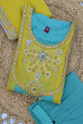 Embroidered chanderi anarkali kurta with pant & dupatta set for women