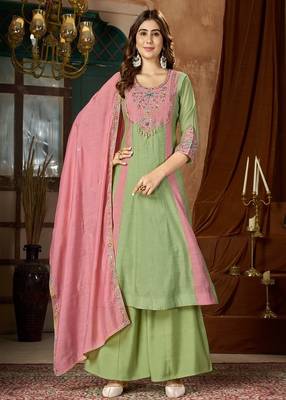 Embroidered chanderi anarkali kurta with pant & dupatta set for women 1