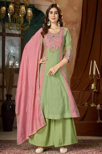 Embroidered chanderi anarkali kurta with pant & dupatta set for women