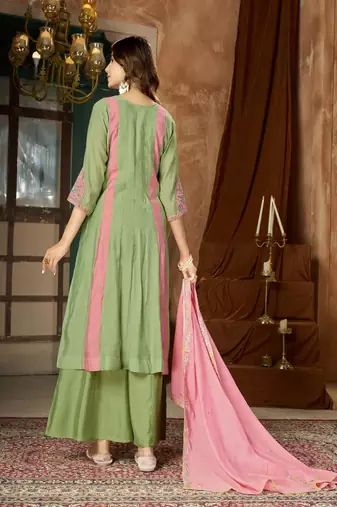 Embroidered chanderi anarkali kurta with pant & dupatta set for women