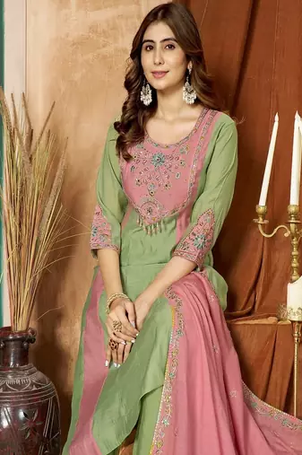 Embroidered chanderi anarkali kurta with pant & dupatta set for women