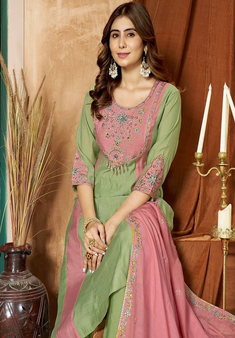 Embroidered chanderi anarkali kurta with pant & dupatta set for women
