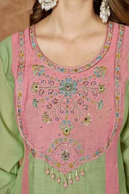 Embroidered chanderi anarkali kurta with pant & dupatta set for women 4