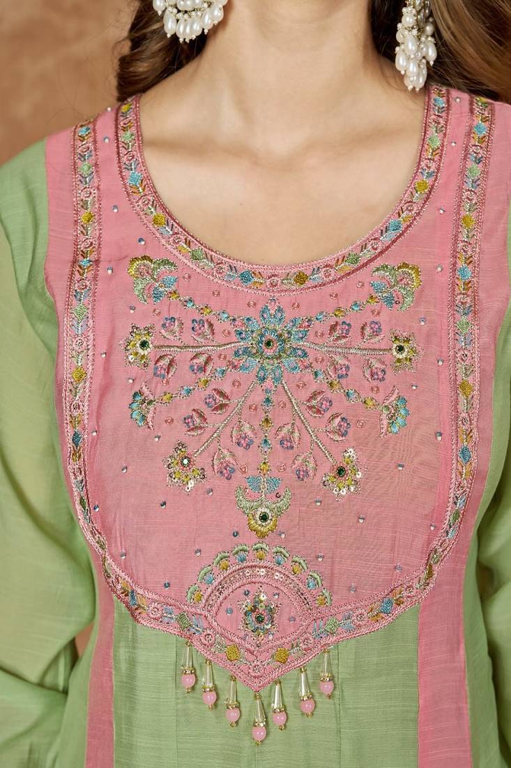 Embroidered chanderi anarkali kurta with pant & dupatta set for women