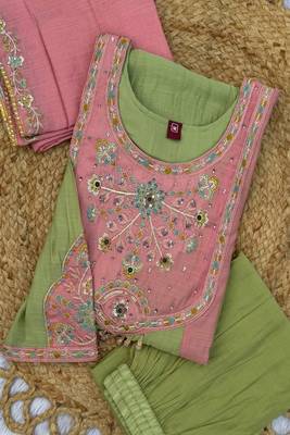 Embroidered chanderi anarkali kurta with pant & dupatta set for women 5