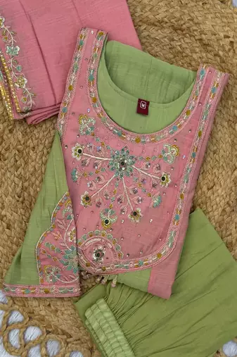 Embroidered chanderi anarkali kurta with pant & dupatta set for women