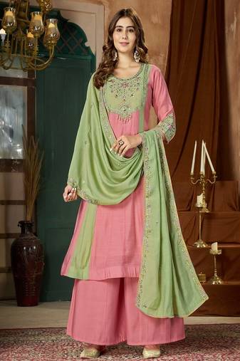 Embroidered chanderi anarkali kurta with pant & dupatta set for women