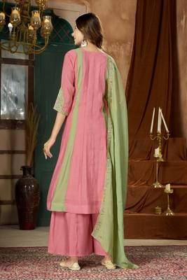 Embroidered chanderi anarkali kurta with pant & dupatta set for women 2