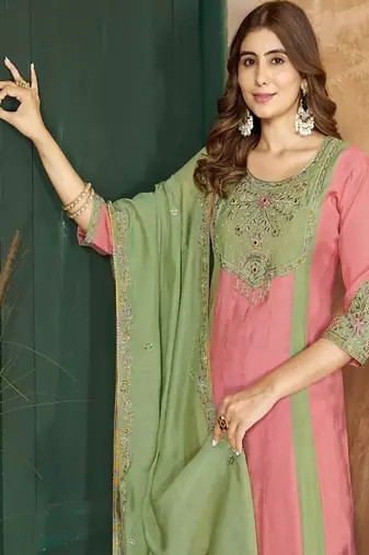 Embroidered chanderi anarkali kurta with pant & dupatta set for women