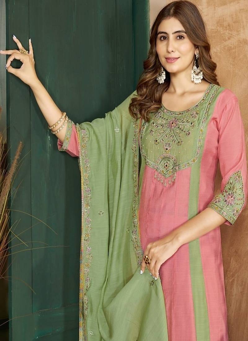 Embroidered chanderi anarkali kurta with pant & dupatta set for women
