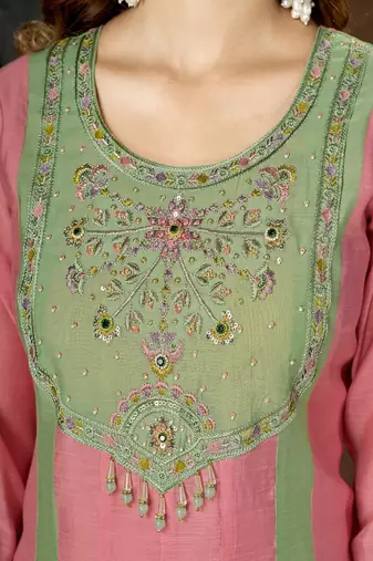 Embroidered chanderi anarkali kurta with pant & dupatta set for women