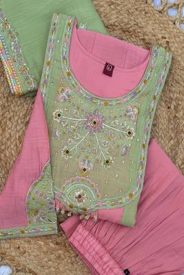 Embroidered chanderi anarkali kurta with pant & dupatta set for women 5