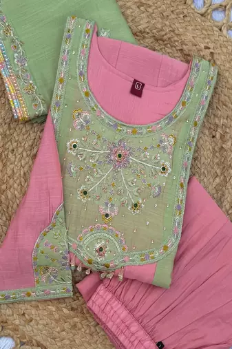 Embroidered chanderi anarkali kurta with pant & dupatta set for women