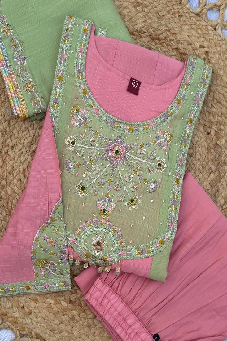 Embroidered chanderi anarkali kurta with pant & dupatta set for women