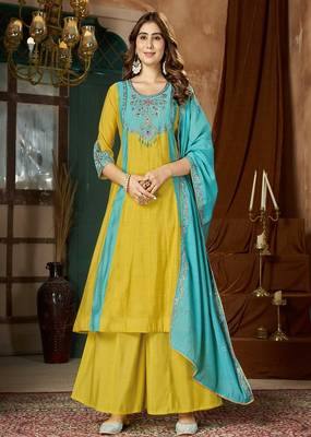 Embroidered chanderi anarkali kurta with pant & dupatta set for women 1