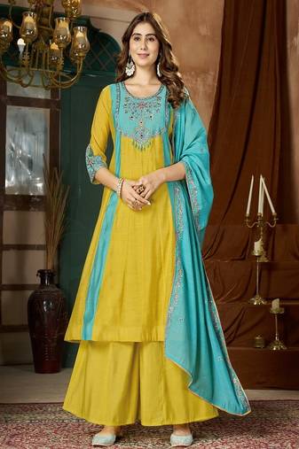 Embroidered chanderi anarkali kurta with pant & dupatta set for women