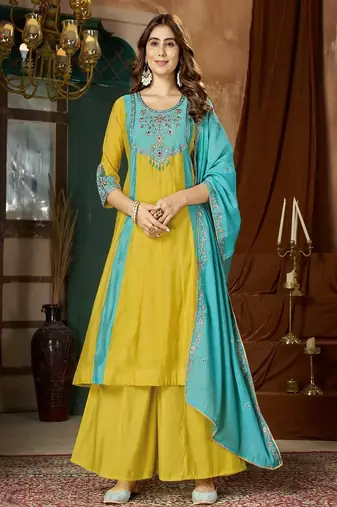 Embroidered chanderi anarkali kurta with pant & dupatta set for women