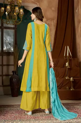 Embroidered chanderi anarkali kurta with pant & dupatta set for women
