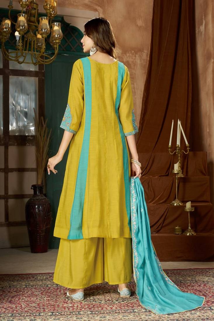 Embroidered chanderi anarkali kurta with pant & dupatta set for women
